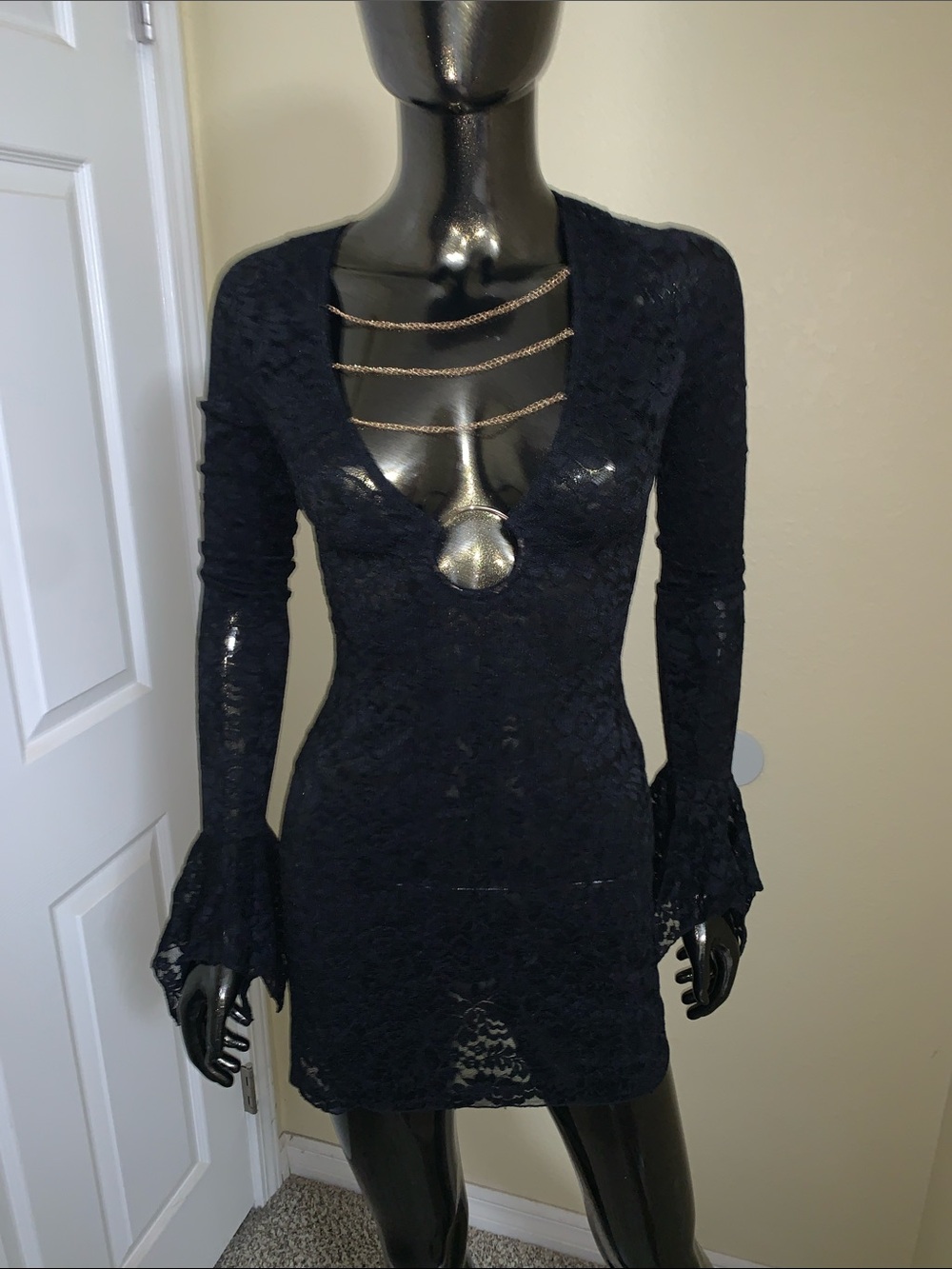 Dolls Kill Gen Kiss Black Lace Long Sleeve Plunge Mini Dress with Chain Straps
